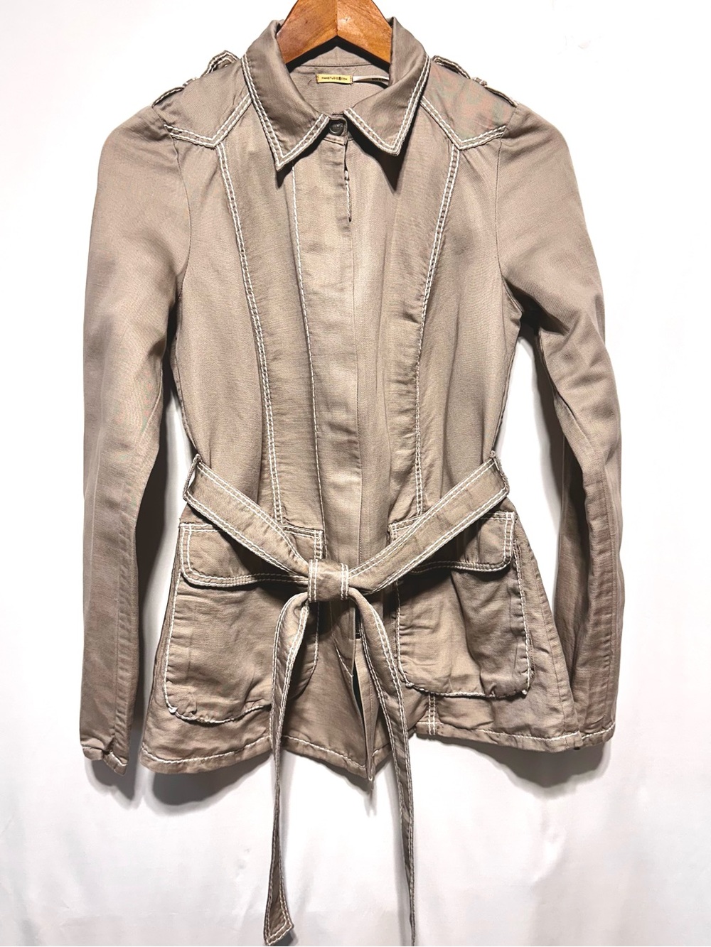 MAXSTUDIO Taupe Cotton Linen Belted Utility Jacket Contrast Stitch S